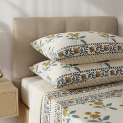 JivaCasa Premium Cream Floral Glace Cotton Queen Size Bedsheet