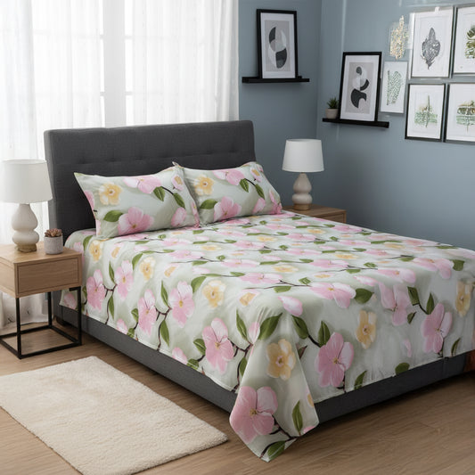 Spring Blossom Light Green Cotton Bedsheet Set with Pillow Covers