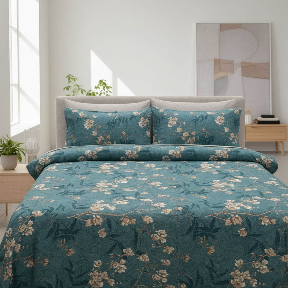 JivaCasa Premium Deep Teal Floral Cotton Bedsheet Set