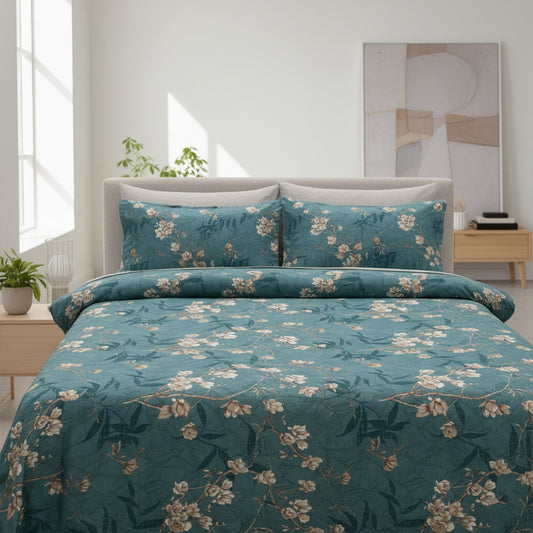 JivaCasa Premium Deep Teal Floral Cotton Bedsheet Set