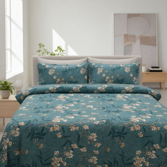 JivaCasa Premium Deep Teal Floral Cotton Bedsheet Set