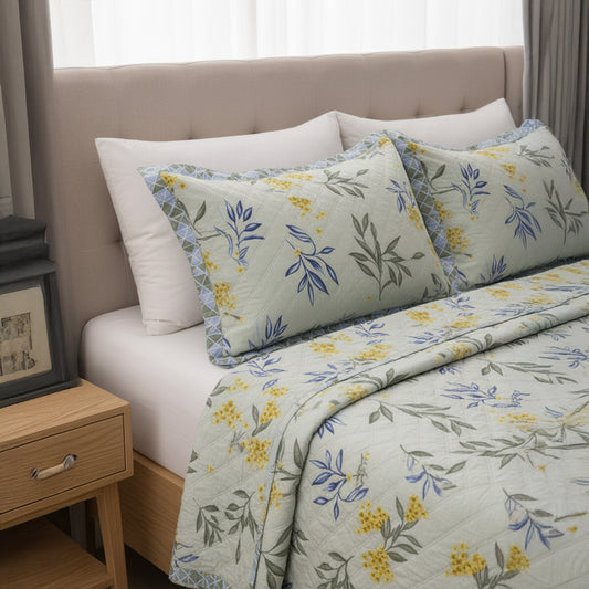 Light Green Floral Pure Cotton Quilted Bed Cover Set