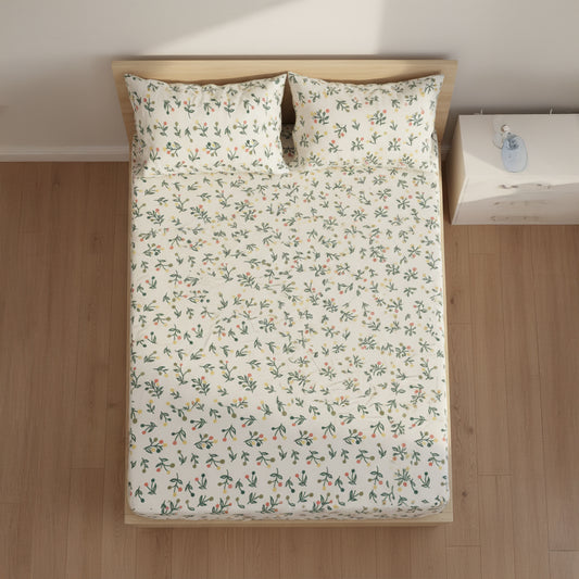 Olive Bloom Cream Elastic Cotton Bedsheet Set