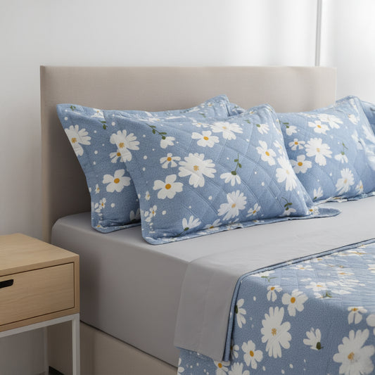 Pure Cotton Light Blue Daisy Quilted Bed Cover Set