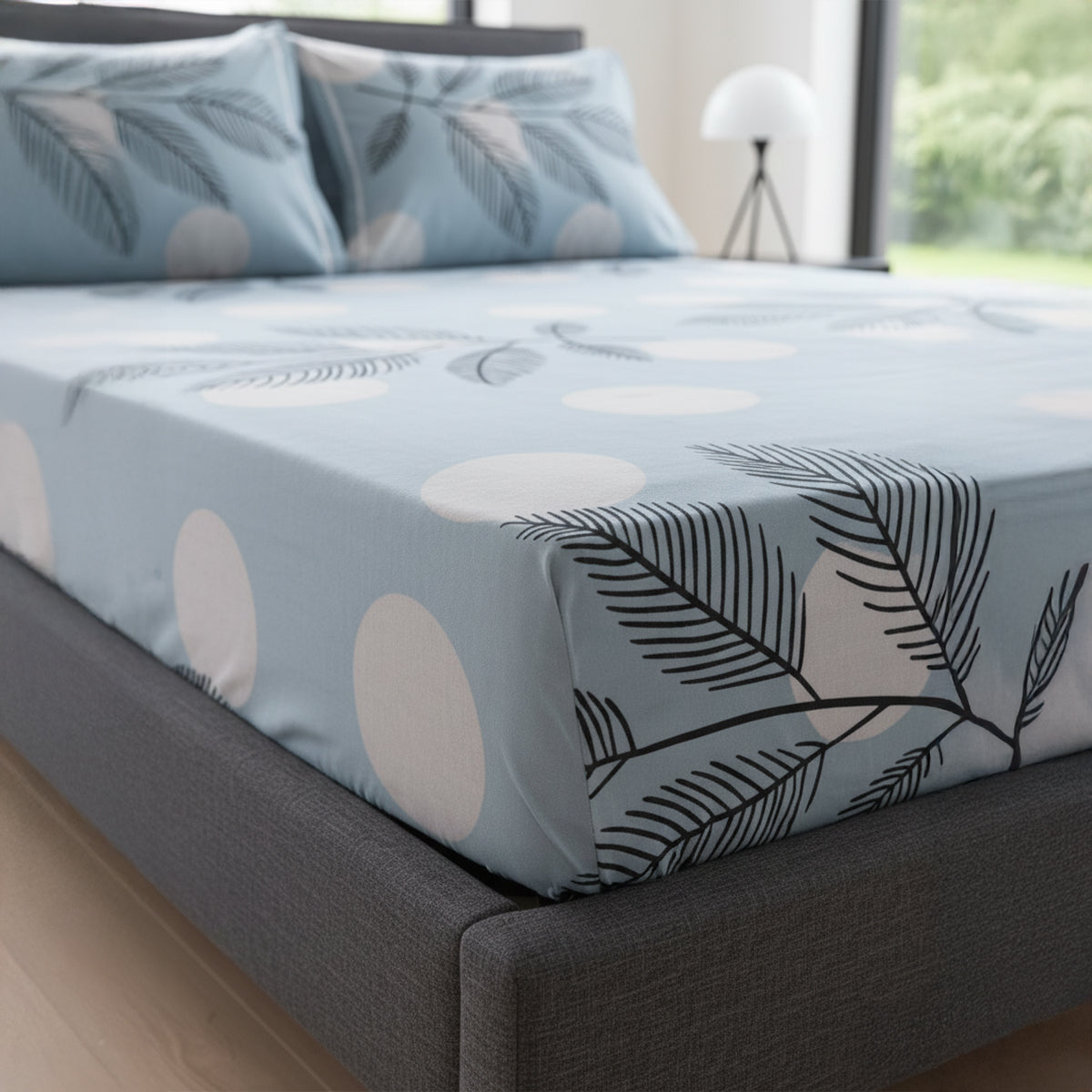 Palm Mist Light Blue Elastic Cotton Bedsheet Set