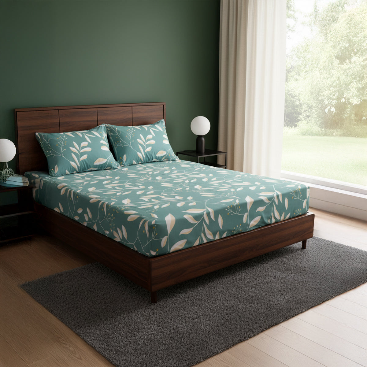 Botanic Sage Green Elastic Cotton Bedsheet Set