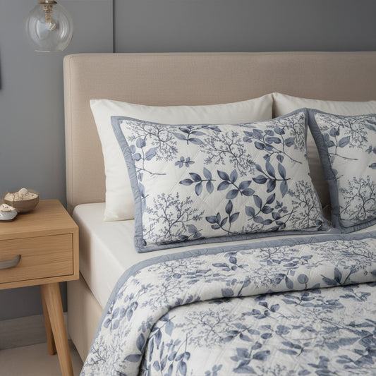 Dusty Blue Botanical Pure Cotton Quilted Bed Cover Set