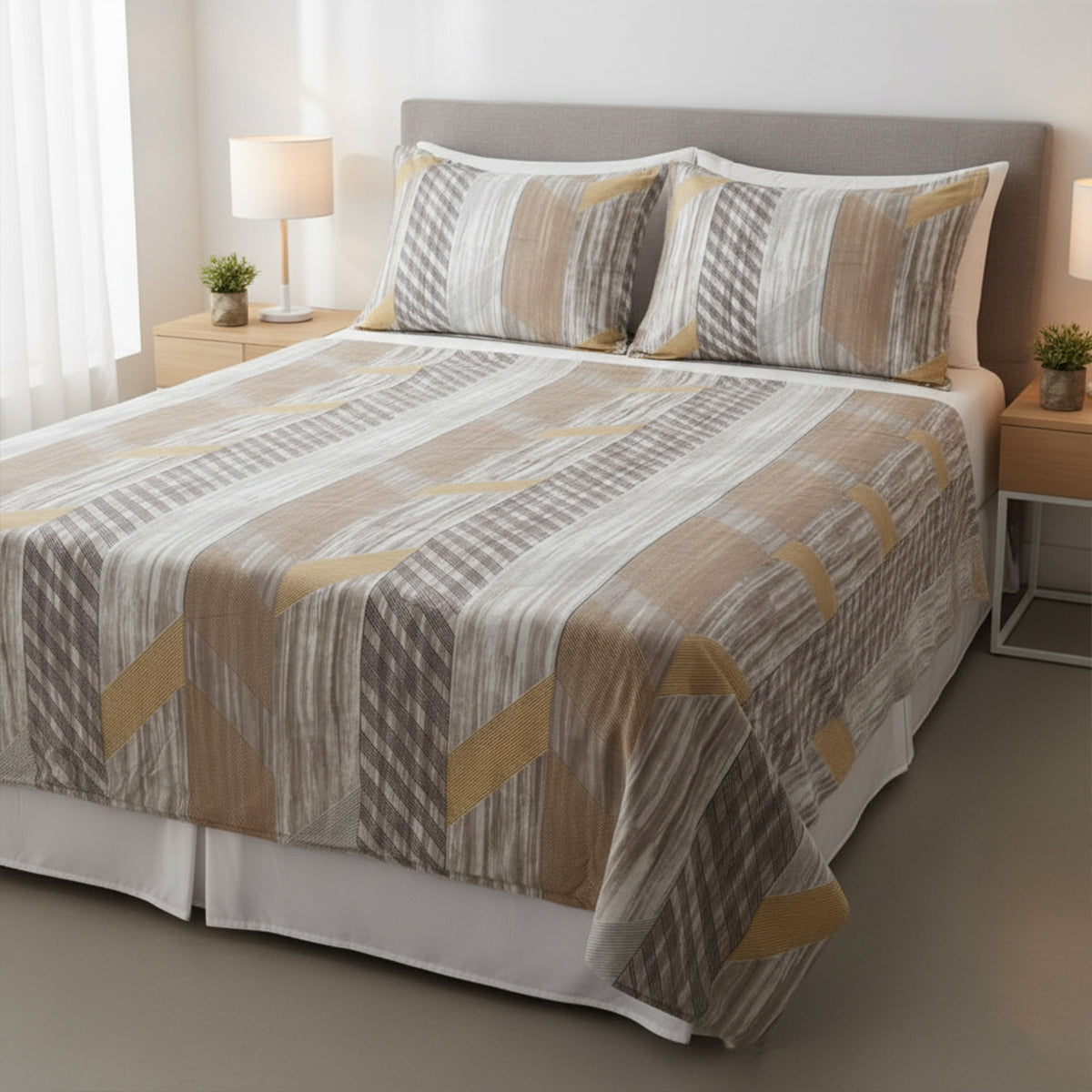 Premium Cotton Geometric Pattern Bedsheet Set – Shades of Brown, Grey & Beige