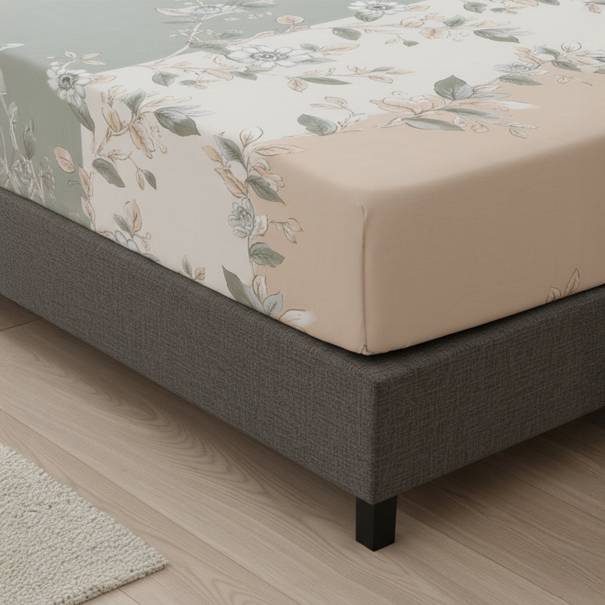 Pastel Bloom Cream & Sage Floral Elastic Cotton Bedsheet Set