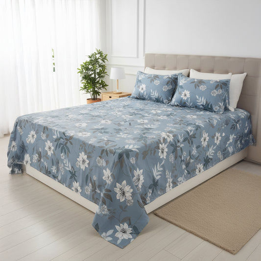 JivaCasa Premium Dusty Blue Floral Cotton Bedsheet Set