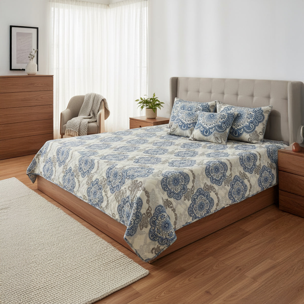 Royal Azure Medallion Cotton Bedsheet Set with Cushion Covers