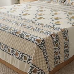 JivaCasa Premium Cream Floral Glace Cotton Queen Size Bedsheet