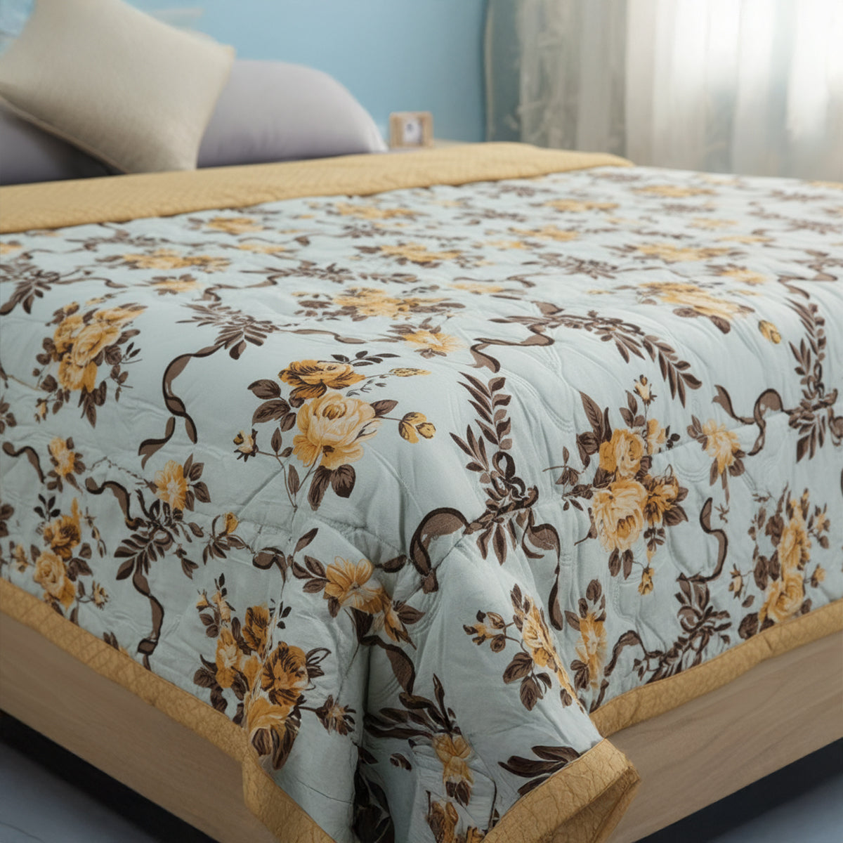 Amber Bloom Reversible Comforter – Pale Blue & Mustard Floral Elegance