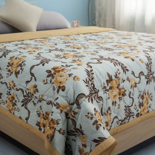 Amber Bloom Reversible Comforter – Pale Blue & Mustard Floral Elegance