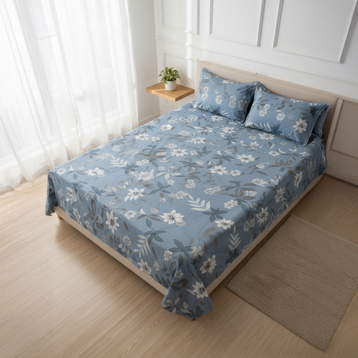 JivaCasa Premium Dusty Blue Floral Cotton Bedsheet Set