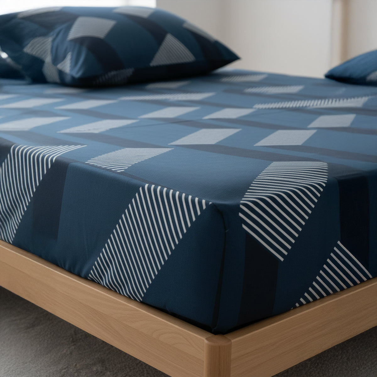 Urban Geo Peacock Blue Elastic Cotton Bedsheet Set