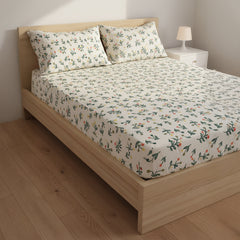 Olive Bloom Cream Elastic Cotton Bedsheet Set