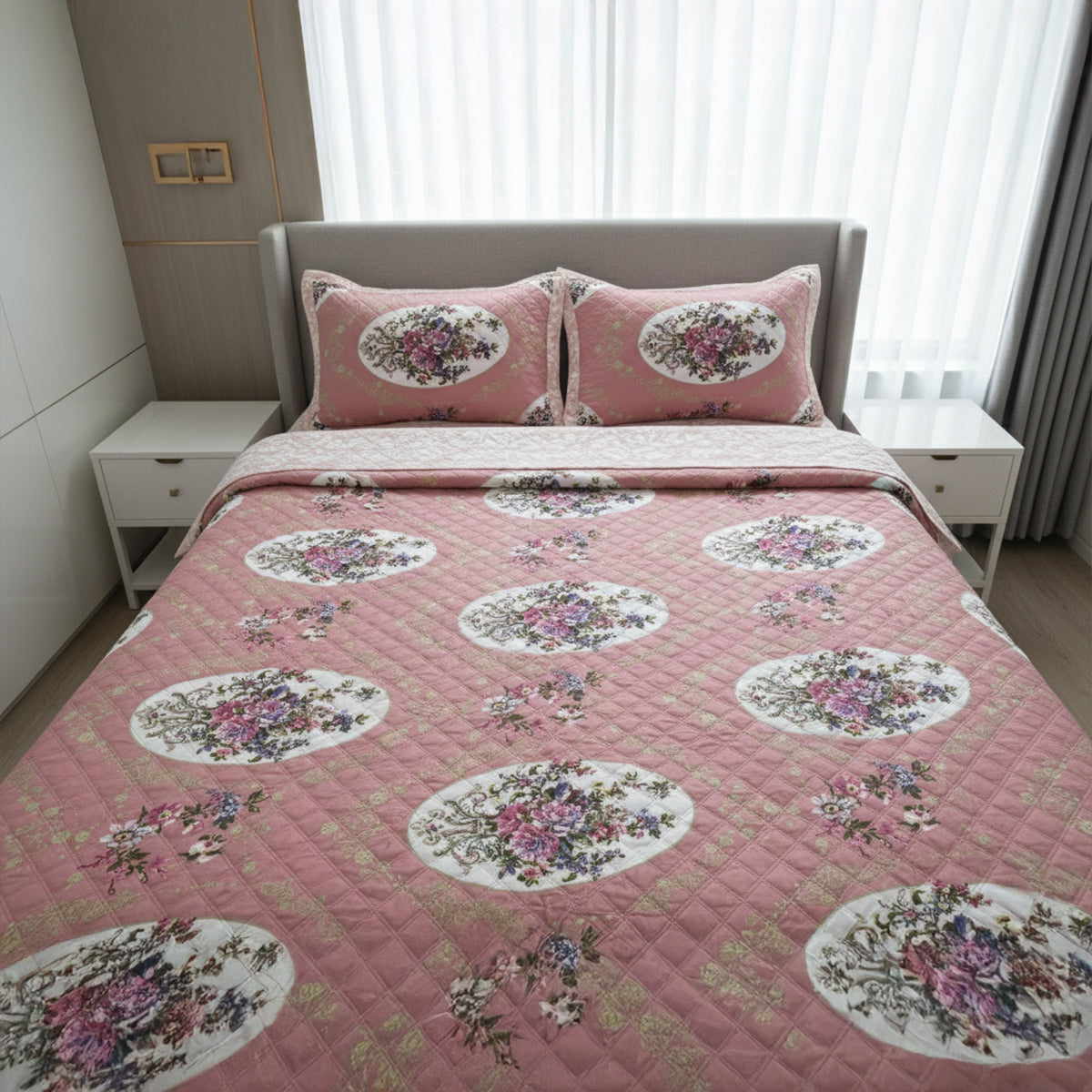 Elegant Pink Floral Pure Cotton Quilted Bed Cover Set