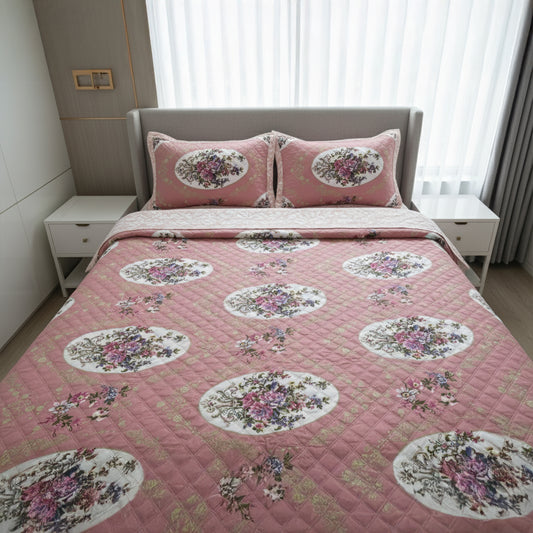 Elegant Pink Floral Pure Cotton Quilted Bed Cover Set