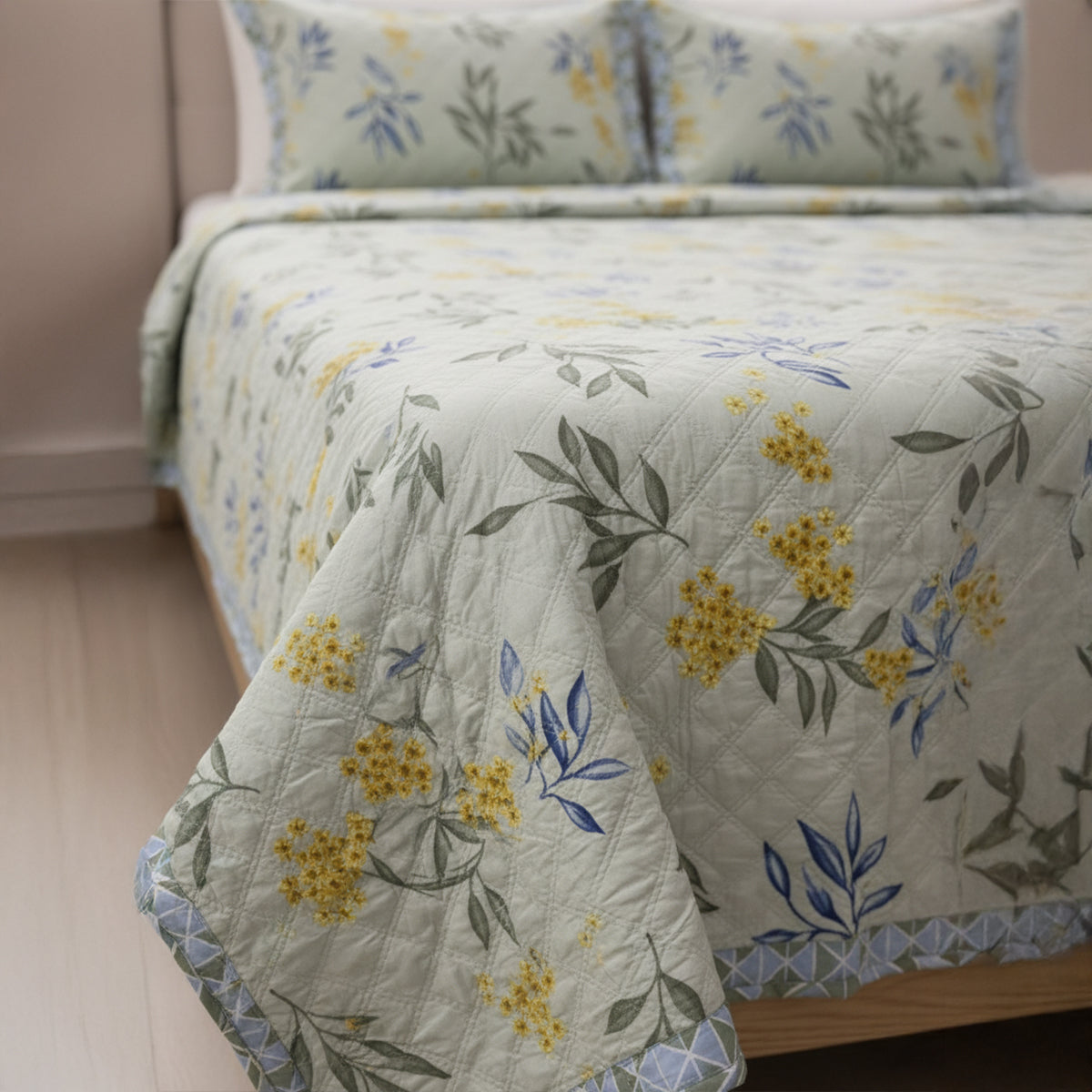 Light Green Floral Pure Cotton Quilted Bed Cover Set