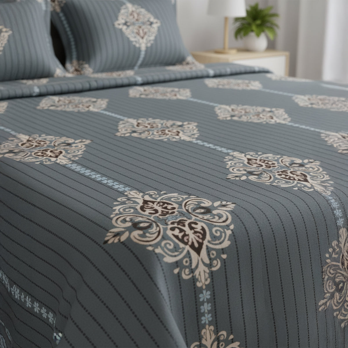 Deep Slate Blue with Classic Ornate Print Bedsheet Set