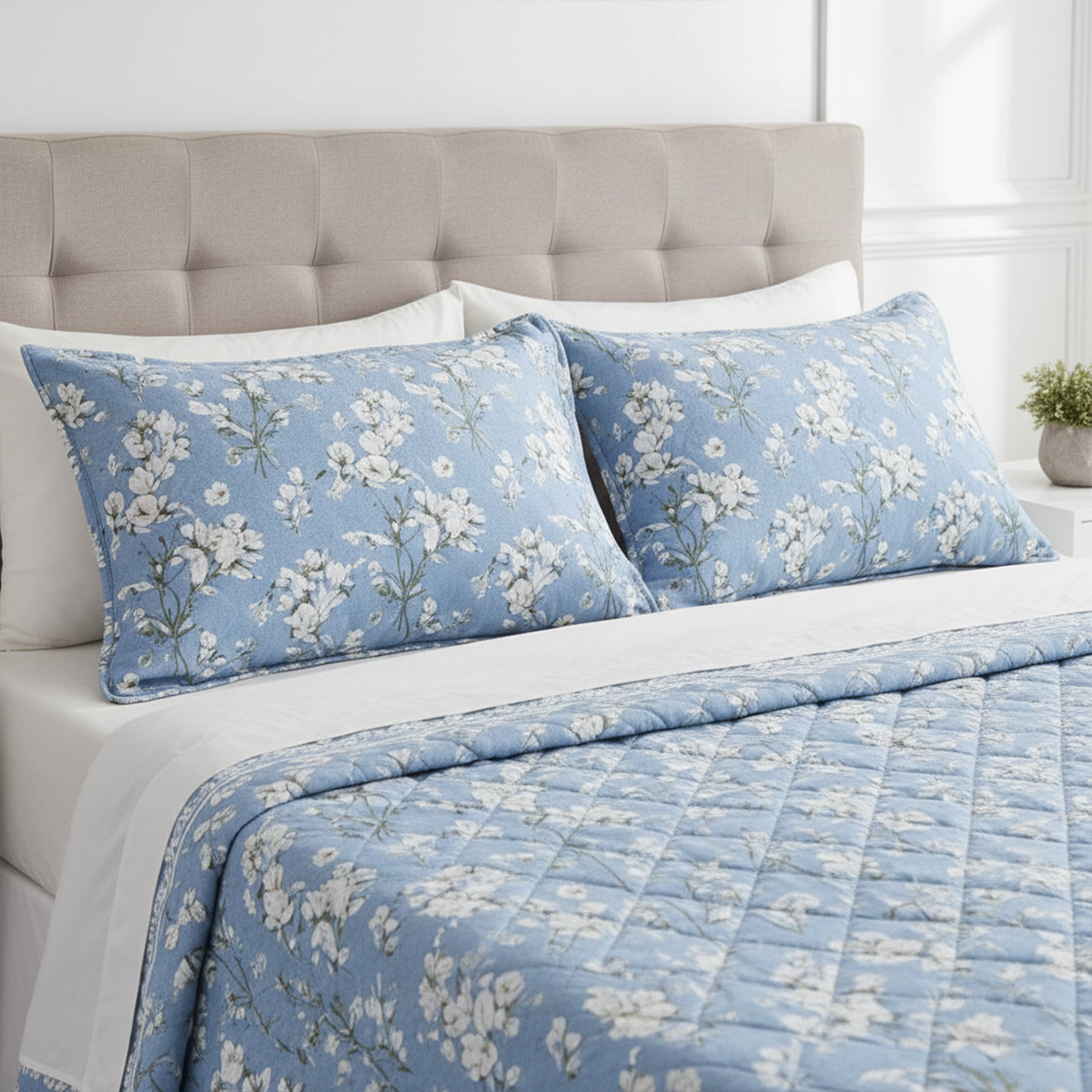 Powder Blue Floral Quilted Pure Cotton Bed Cover Set