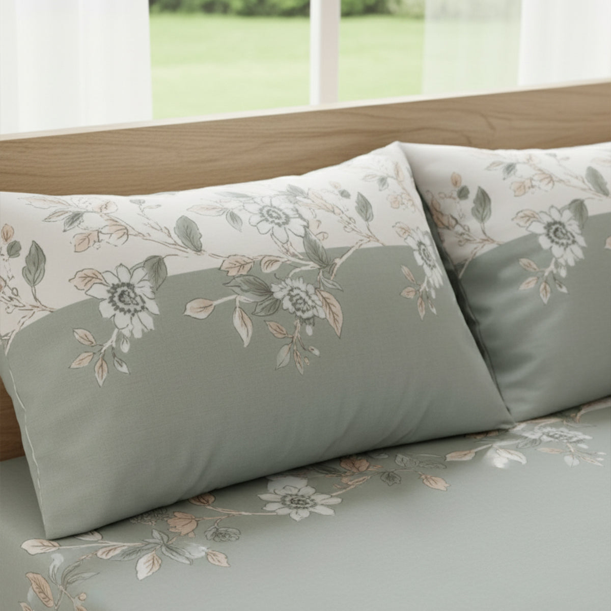 Pastel Bloom Cream & Sage Floral Elastic Cotton Bedsheet Set