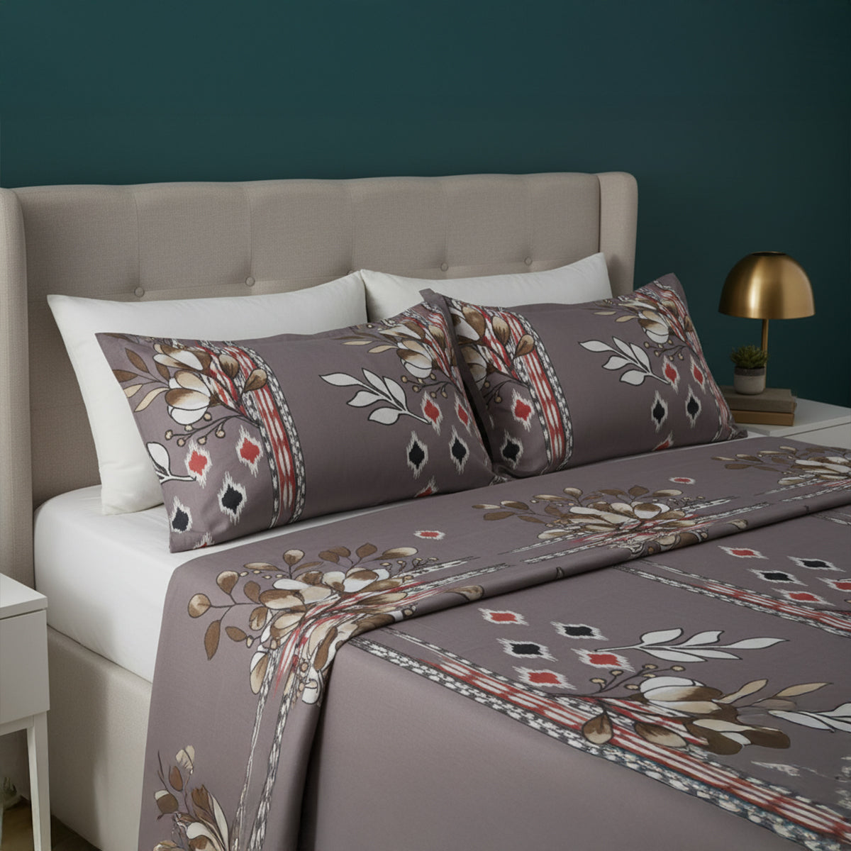 Grey Flare Floral Collection - JivaCasa Premium Glace Cotton Printed Bedsheet Set