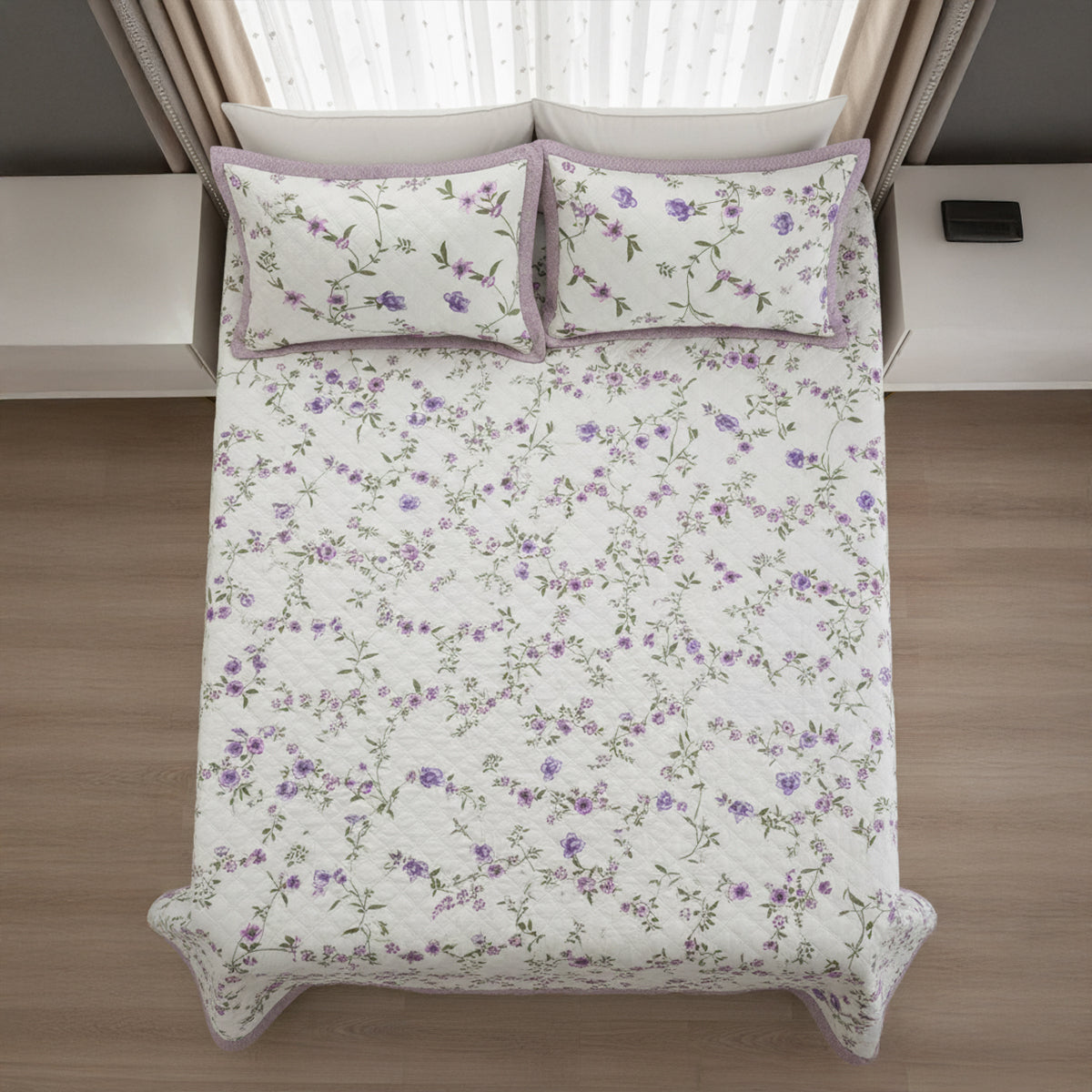 Pure Cotton Floral Quilted Bed Cover Set – White with Purple & Pink Flowers