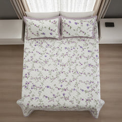 Pure Cotton Floral Quilted Bed Cover Set – White with Purple & Pink Flowers