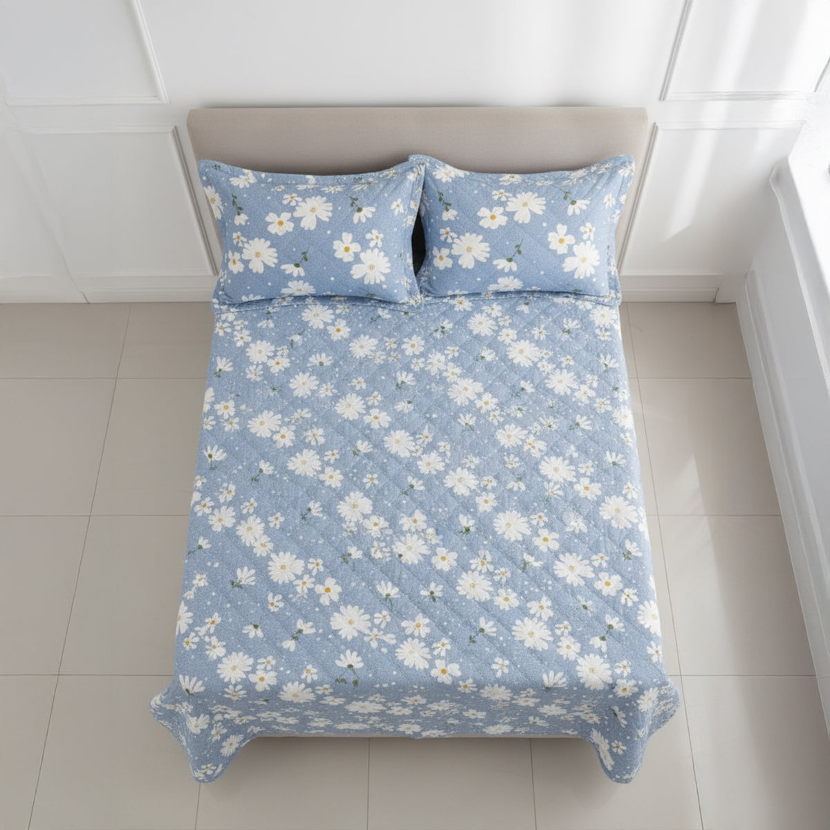 Pure Cotton Light Blue Daisy Quilted Bed Cover Set