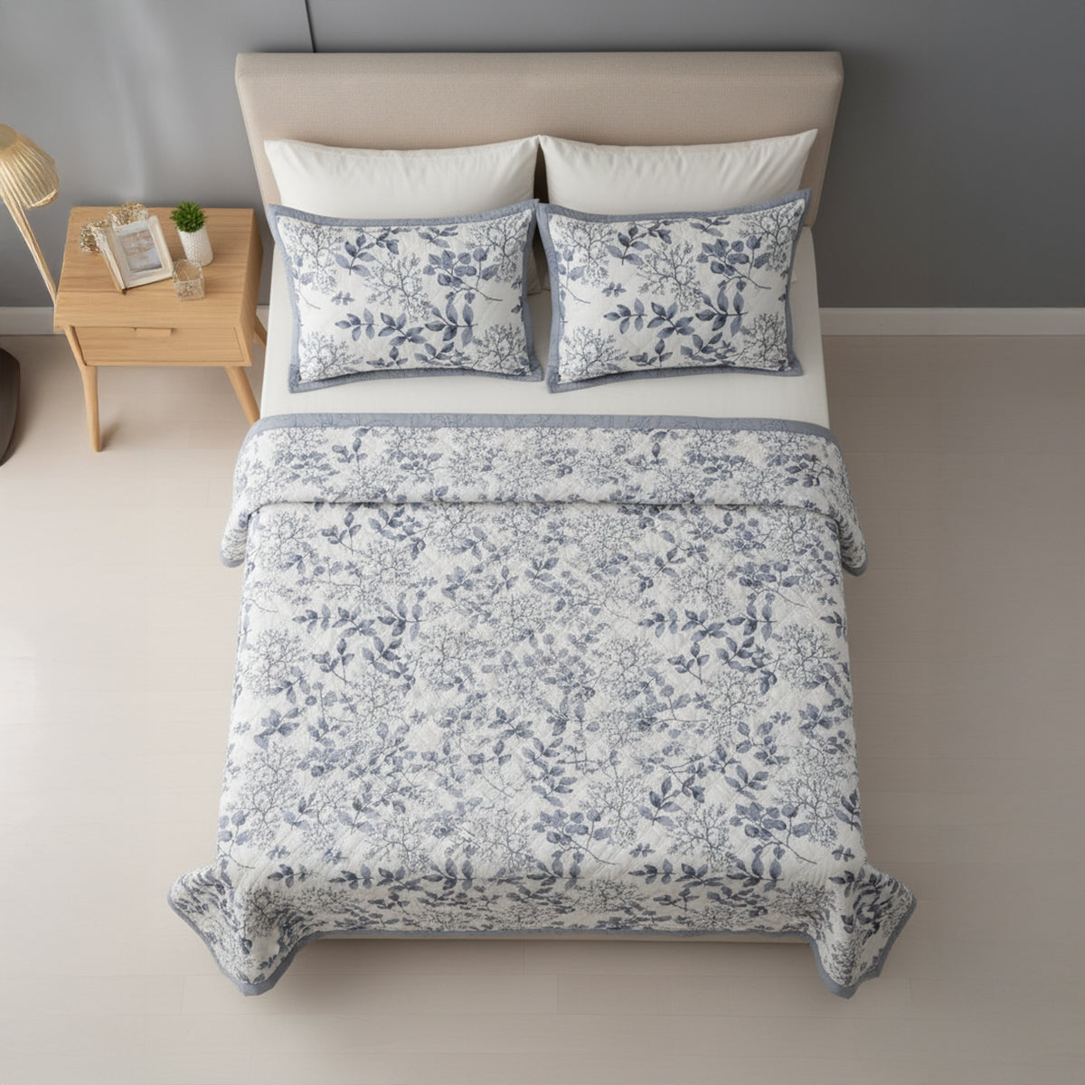 Dusty Blue Botanical Pure Cotton Quilted Bed Cover Set
