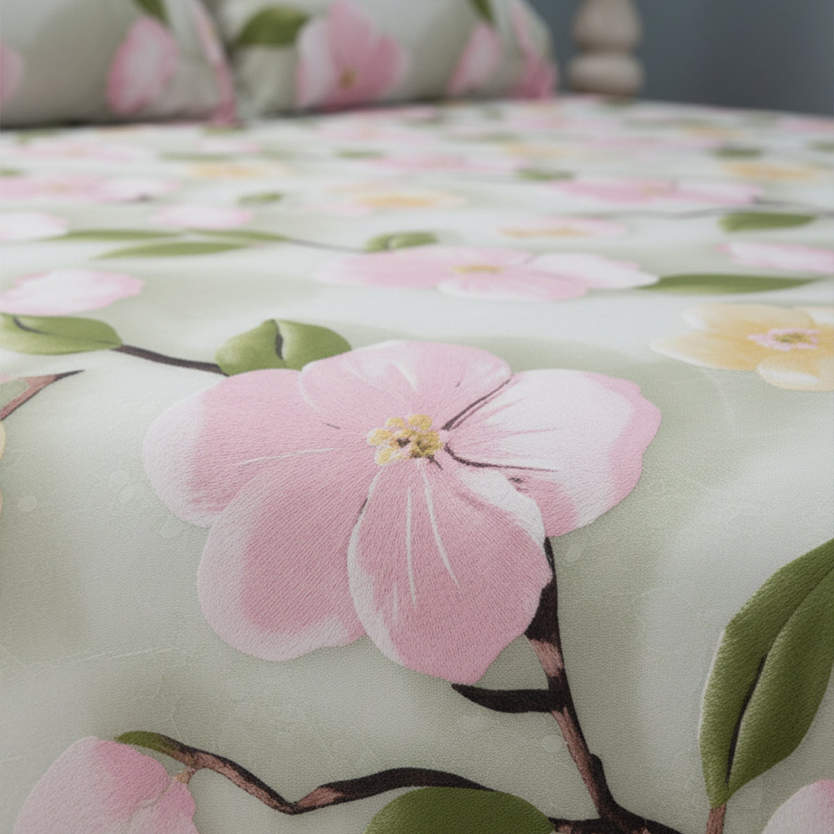 Spring Blossom Light Green Cotton Bedsheet Set with Pillow Covers