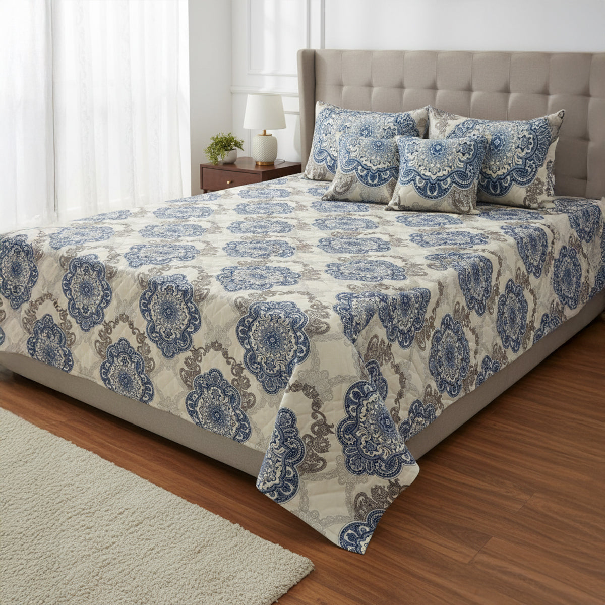 Royal Azure Medallion Cotton Bedsheet Set with Cushion Covers