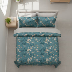 JivaCasa Premium Deep Teal Floral Cotton Bedsheet Set