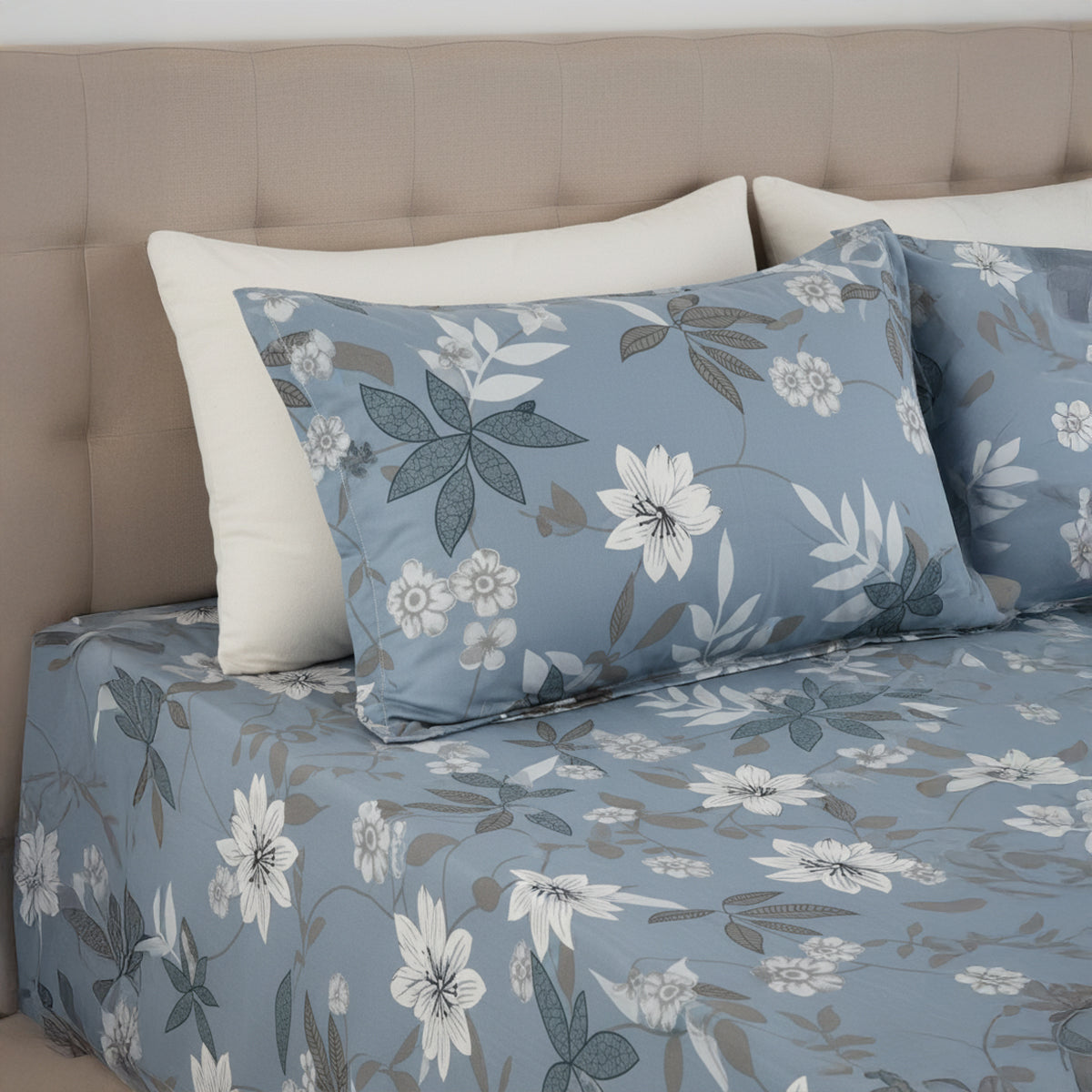 JivaCasa Premium Dusty Blue Floral Cotton Bedsheet Set