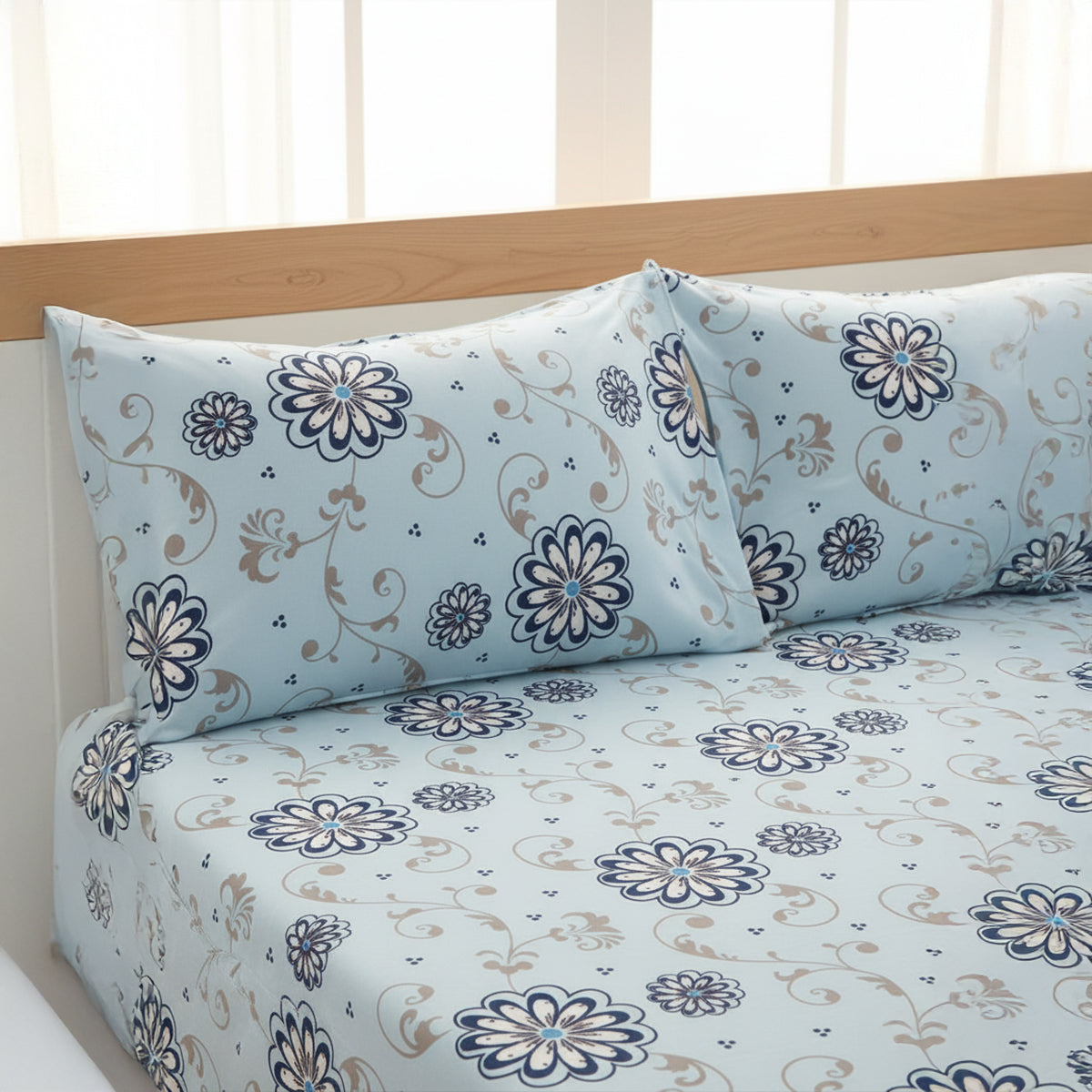 Frost Bloom Ice Blue Elastic Cotton Bedsheet Set