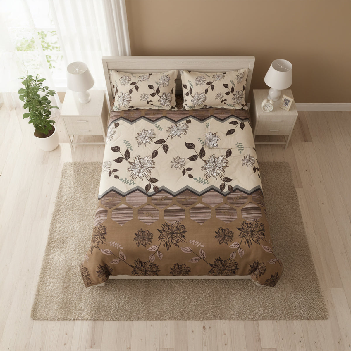 Sandy Beige & Brown Floral Print Bedsheet Set