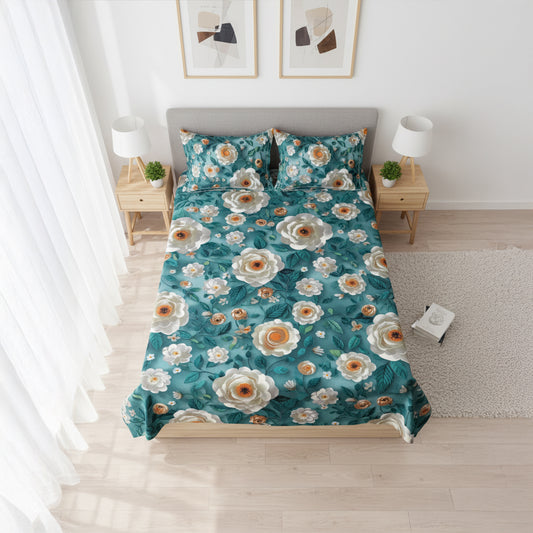 Emerald Bloom Teal Cotton Bedsheet Set with Pillow Covers