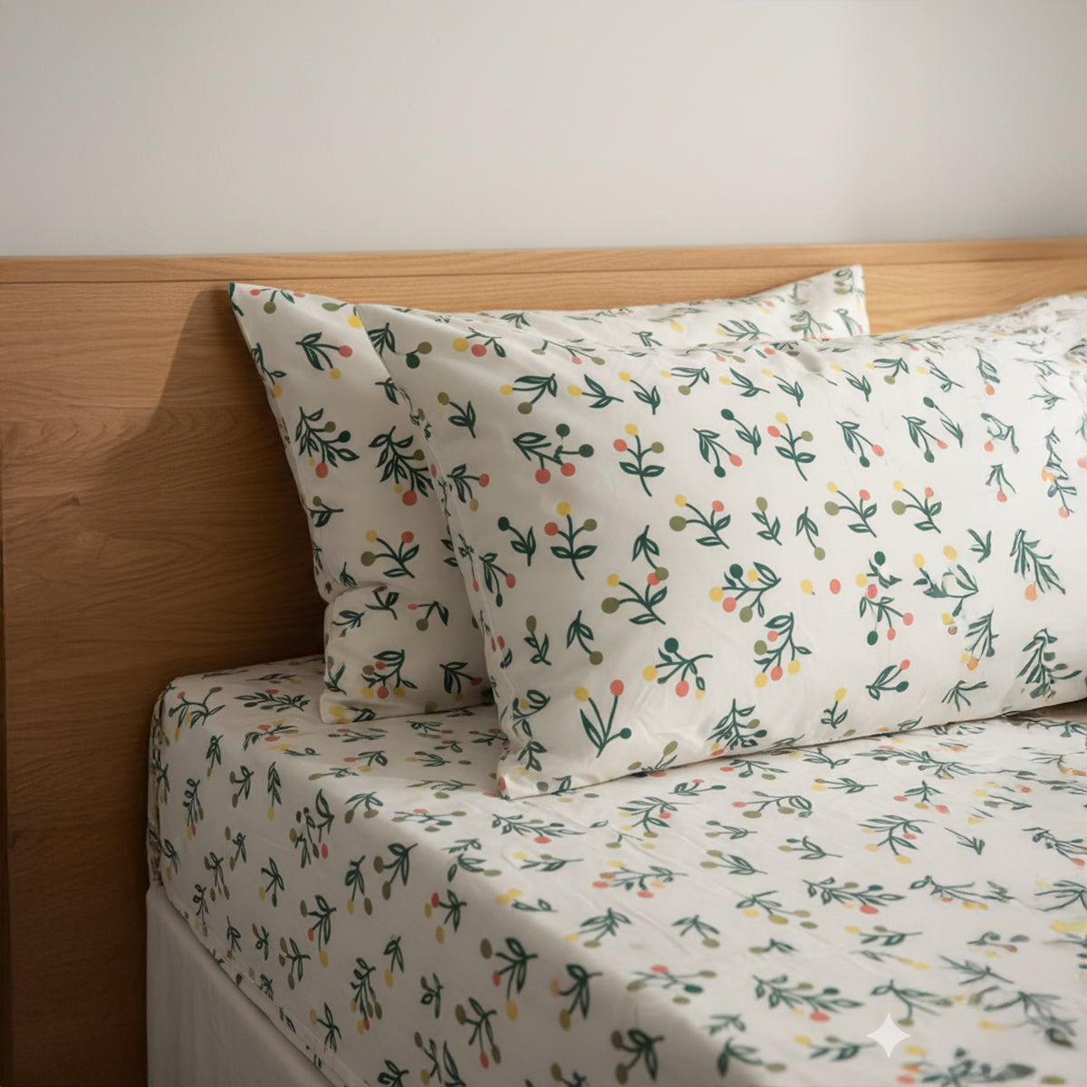Olive Bloom Cream Elastic Cotton Bedsheet Set