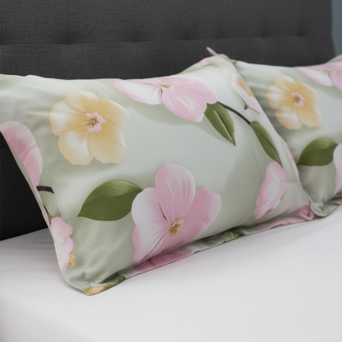 Spring Blossom Light Green Cotton Bedsheet Set with Pillow Covers
