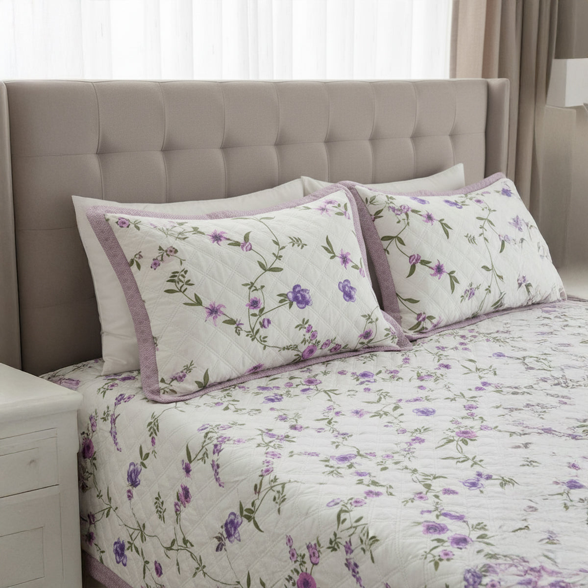Pure Cotton Floral Quilted Bed Cover Set – White with Purple & Pink Flowers
