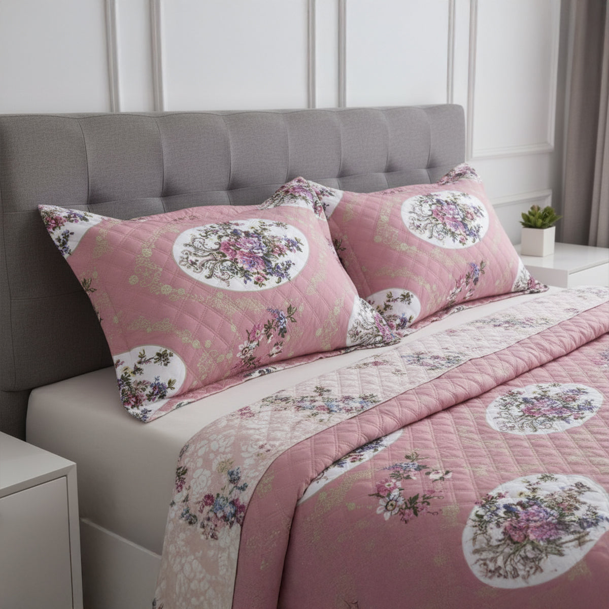 Elegant Pink Floral Pure Cotton Quilted Bed Cover Set