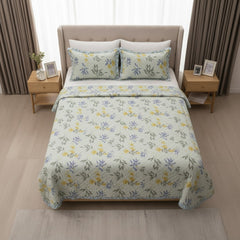 Light Green Floral Pure Cotton Quilted Bed Cover Set
