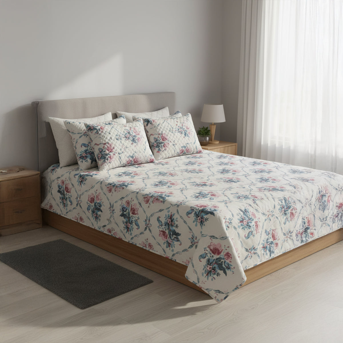 Blush Haven Floral Cotton Bedsheet Set with Cushion Covers