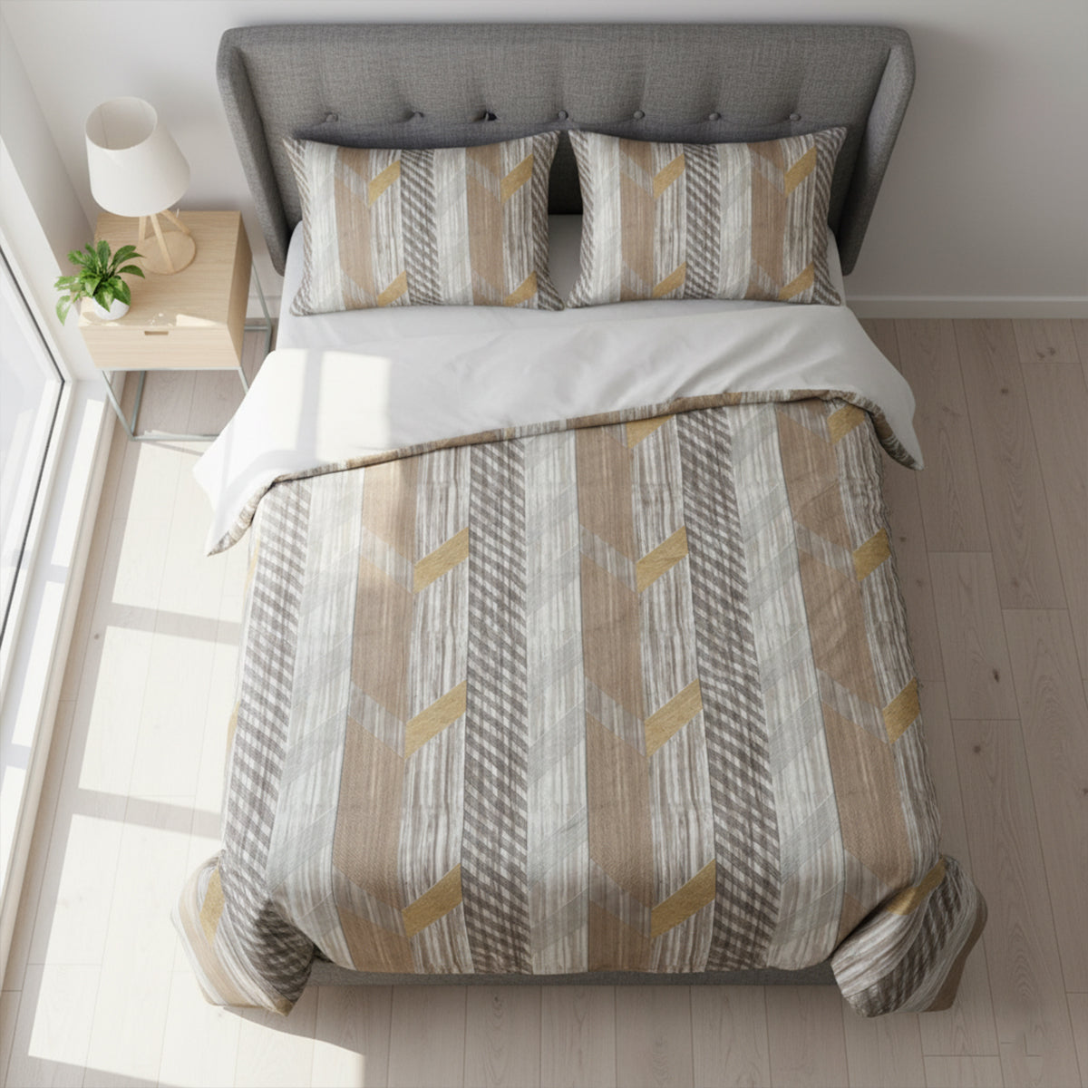 Premium Cotton Geometric Pattern Bedsheet Set – Shades of Brown, Grey & Beige