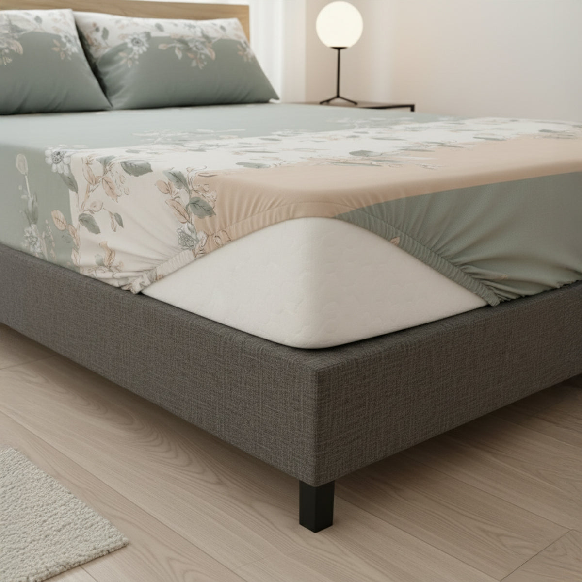 Pastel Bloom Cream & Sage Floral Elastic Cotton Bedsheet Set