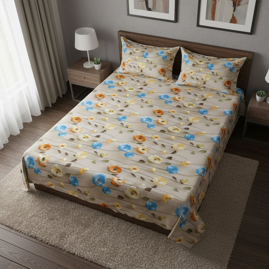 Amber Bloom Cream Cotton Bedsheet Set with Pillow Covers