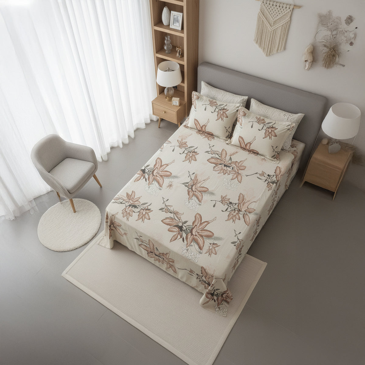 Luxury Glace Cotton Queen Size Bedsheet Set – Cream Floral Printed Design