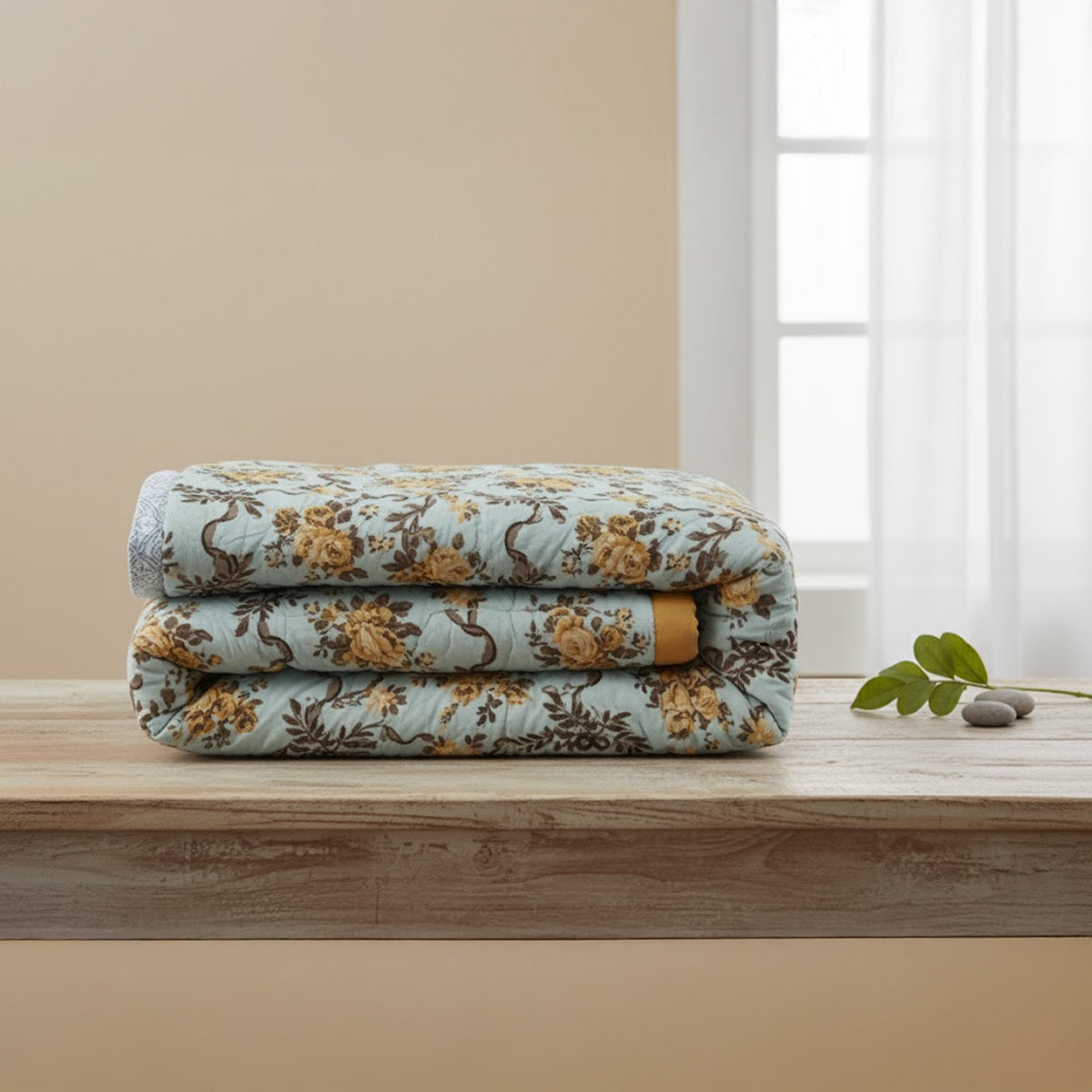 Amber Bloom Reversible Comforter – Pale Blue & Mustard Floral Elegance